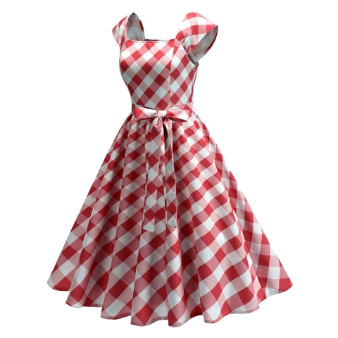 Vintage Women Gingham Hepburn A-Line Dress Square Neck Sleeveless Plaid Midi Swing Dress With Bow Belt Summer Casual Sun Dress