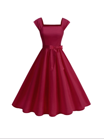 Women's Vintage Square Neck Cotton Midi Dress Elegant A-Line Swing Party Dress With Smocking And Bow Tie Waist Belt