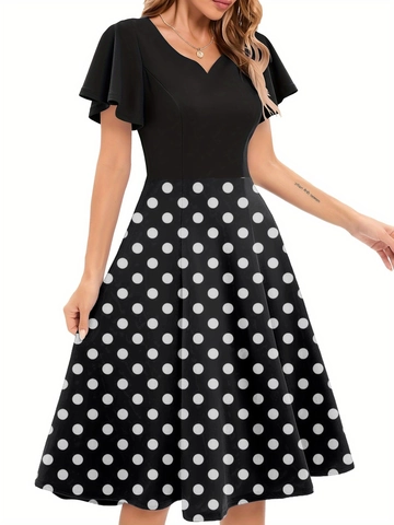 Women's Vintage 1950s Audrey Hepburn Polka Dot Splicing Dress V Neck Ruffle Short Sleeve High Waist Flare Midi Party Dress