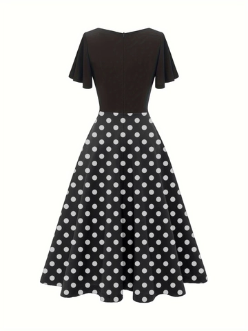 Women's Vintage 1950s Audrey Hepburn Polka Dot Splicing Dress V Neck Ruffle Short Sleeve High Waist Flare Midi Party Dress