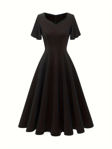 Dames V-Hals Vlinder Mouwen A-Lijn Midi Jurk Elegant Retro Effen Kleur Getailleerd Zomer Casual Avondjurk