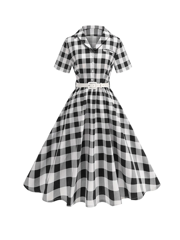 Robe Midi à Carreaux Vichy Vintage pour Femmes Manches Courtes Rétro Élégante Robe Swing Coupe trapèze Avec Ceinture Blanche Vichy