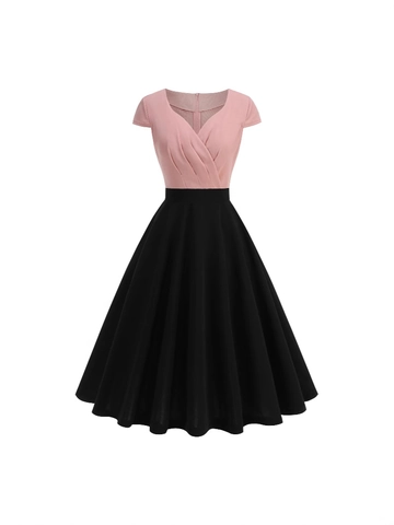 Vintage Women V Neck Short Sleeve Pleated Hepburn Dress Elegant Color Block High Waist A-Line Swing Midi Party Dress