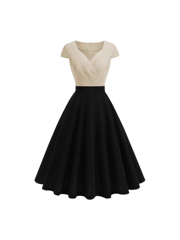 Vintage Women V Neck Short Sleeve Pleated Hepburn Dress Elegant Color Block High Waist A-Line Swing Midi Party Dress