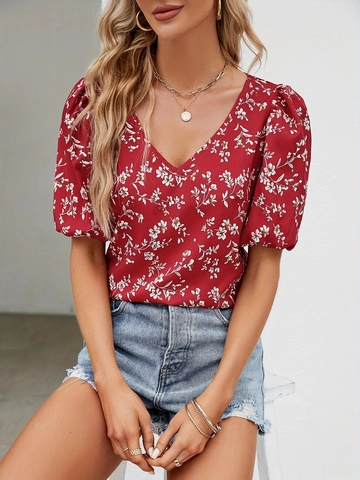 Elegant Women Floral Print V-Neck Puff Sleeve Blouse Retro Casual Summer Polyester Short Sleeve Top Fashion Lady Shirt