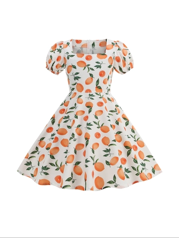 Mädchen Sommer Frisches Bedrucktes Kleid Eckiger Ausschnitt Puffärmel Prinzessinnenkleid Schmetterling Erdbeere Orange Eiscreme Druck Mittellang