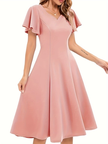 Dames V-Hals Vlinder Mouwen A-Lijn Midi Jurk Elegant Retro Effen Kleur Getailleerd Zomer Casual Avondjurk
