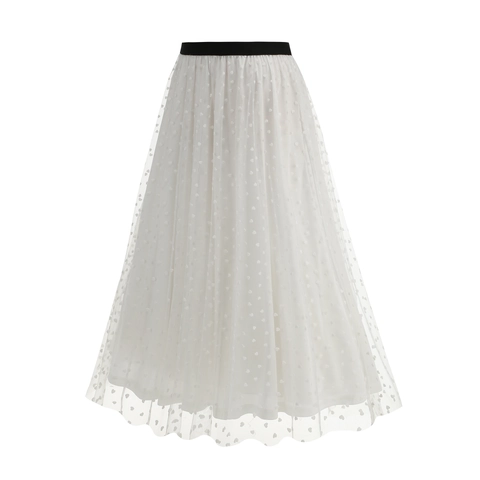 Damen Elegant Herz-Muster Netz-Midiröcke Hoher Elastischer Bund A-Linie Lagen-Tüll-Rock Vintage Süßer Stil Langer Rock