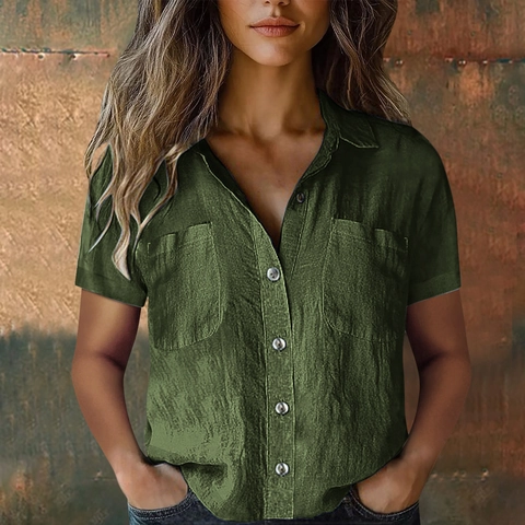 Damen Casual Kurzarm V-Ausschnitt Hemd Minimalistisch Slub Leinen Textur Einfarbig Bluse Mit Doppelten Brusttaschen Top