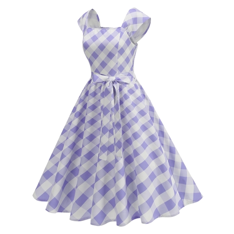 Vintage Women Gingham Hepburn A-Line Dress Square Neck Sleeveless Plaid Midi Swing Dress With Bow Belt Summer Casual Sun Dress