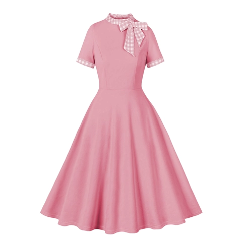 Hepburn Style Vintage Plaid Contrast Color Bow Tie Neck Dress Women Slim A-Line Big Swing Short Sleeve Midi Dress
