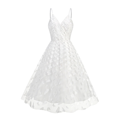 Women Elegant V Neck Mesh Midi Dress With 3D Butterfly Floral Appliques Sexy Backless A Line Party Evening Wedding Dress