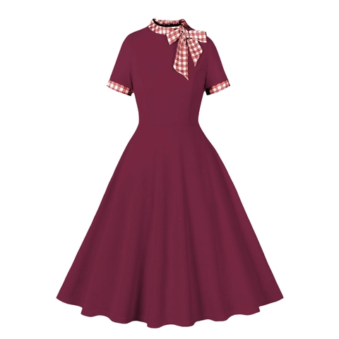 Hepburn Style Vintage Plaid Contrast Color Bow Tie Neck Dress Women Slim A-Line Big Swing Short Sleeve Midi Dress