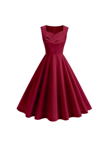 Vestito da Donna Vintage Scollo Quadrato Senza Maniche Stile Hepburn Anni 50 Plissettato Linea A Swing Midi per Festa Cocktail
