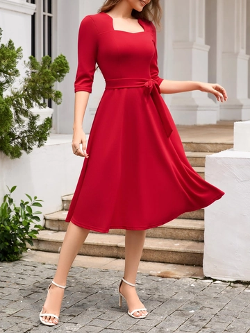 Women's Vintage Solid Color Square Neck Midi Dress Elegant Half Sleeve Tie-waist A-line Swing Dress For Casual Dating
