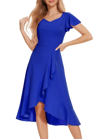 Women Elegant V Neck Ruffle Sleeve Dress Asymmetric High Low Hem Cocktail Evening Party Solid Color A-Line Midi Dress
