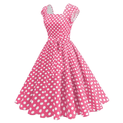 Abito a Pois Vintage Hepburn Scollo a Quadrato Senza Maniche Linea A Swing Midi Abito Con Cintura a Fiocco per Donna Festa Estate Moda