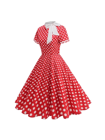 Damen Vintage 1950er Polka Dot Midi Kleid Elegant Schleifenkragen Kurzarm Hohe Taille A-Linie Schwingen Party Kleid