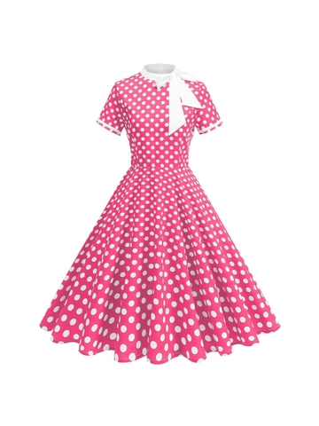Damen Vintage 1950er Polka Dot Midi Kleid Elegant Schleifenkragen Kurzarm Hohe Taille A-Linie Schwingen Party Kleid