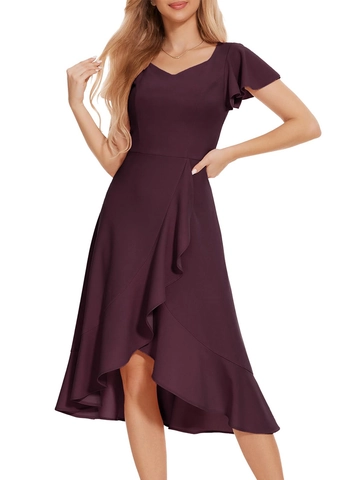 Women Elegant V Neck Ruffle Sleeve Dress Asymmetric High Low Hem Cocktail Evening Party Solid Color A-Line Midi Dress