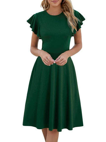 Women's Elegant Ruffle Sleeve Dress Round Neck Solid Color A-Line Midi Dress Casual Summer Short Sleeve Pullover Dress