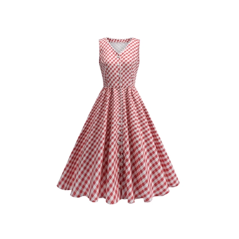 Women Vintage Gingham Sleeveless V Neck A Line Midi Dress Scalloped Scalloped Heart Button Retro Party Picnic Dress