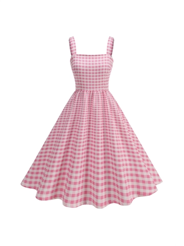 Women Vintage Gingham Maxi Dress Square Neck Sleeveless A-Line Back Smocking Retro Plaid Long Sundress For Summer Vacation