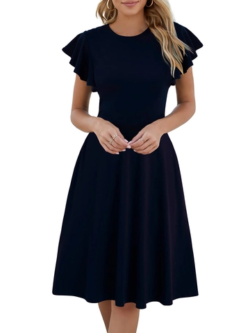Women's Elegant Ruffle Sleeve Dress Round Neck Solid Color A-Line Midi Dress Casual Summer Short Sleeve Pullover Dress