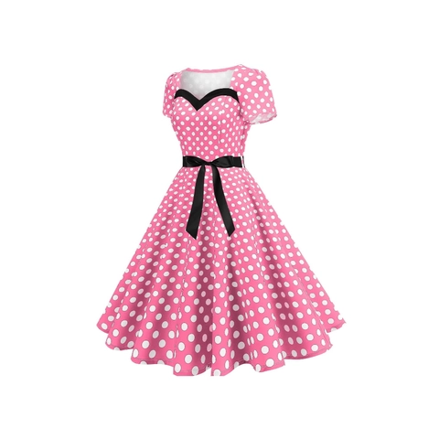 Robe à Pois Retro Années 50 pour Femmes Manches Courtes Encolure Coeur Noeud Ligne A Swing Style Hepburn Banquet Midi