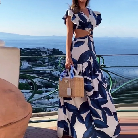 Sexy Damen Maxikleid Mit V-Ausschnitt Und Taillenausschnitt Blaues Blattmuster Rüschenärmel Boho Urlaub Elegantes Sommerkleid