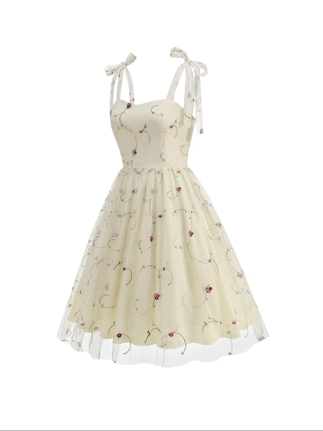 Vestido de Camisola Retro Francés Para Mujer Con Bordado Floral Y Malla Tirantes De Lazo Elegante Vestido De Línea A