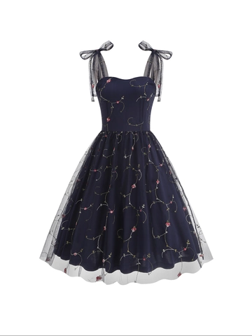 Vestido de Camisola Retro Francés Para Mujer Con Bordado Floral Y Malla Tirantes De Lazo Elegante Vestido De Línea A