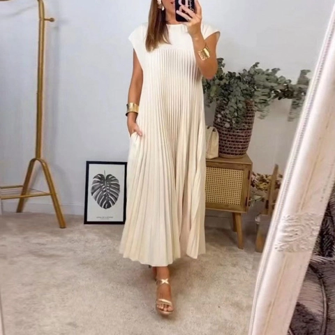 Elegantes Damen Rundhals Ärmelloses Plissee Maxi Kleid Einfarbig Hohe Taille A-Linie Langes Kleid Party Polyester Stoff