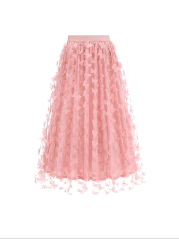 Damen 3D Schmetterling Applikation Netz Tüllrock Vintage Hohe Taille A-Linie Midi Rock Elegant Party Hochzeit Tüllröcke