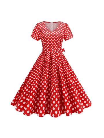 Vintage V-Neck Polka Dot A-Line Midi Dress Audrey Hepburn Style Short Sleeve High Waist With Bow Belt Women Party Dress