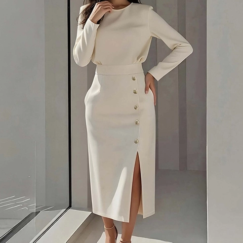 Elegant Solid Color Long Sleeve Dress for Women High Waist Slit Midi Dress with Decorative Buttons Office Lady Style