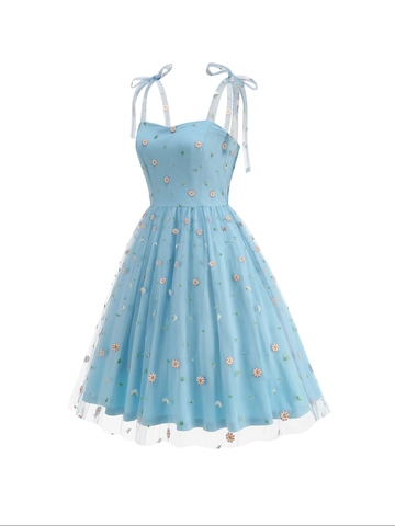 Women French Style Floral Embroidery Mesh Dress Sweet Daisy Suspender A-Line Dress With Bow Tie Shoulder Straps