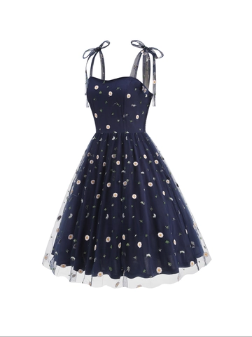 Women French Style Floral Embroidery Mesh Dress Sweet Daisy Suspender A-Line Dress With Bow Tie Shoulder Straps
