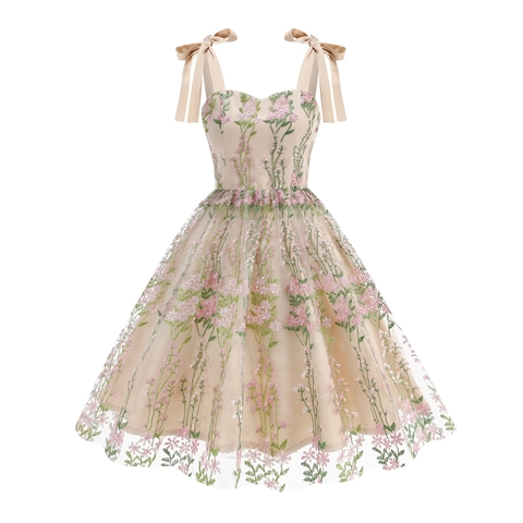 Vintage Floral Embroidery Mesh Midi Dress Women Bow Straps A-Line Sweetheart Neck Hepburn Style Party Prom Elegant Vestido