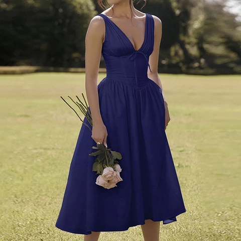 Damen Elegant V Ausschnitt Ärmellos Blumenmuster Maxi Kleid Französischer Vintage Korsett Taille Rückenfrei Langes Kleid
