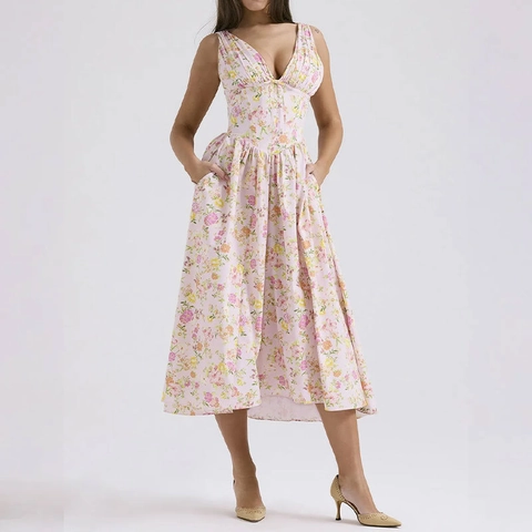 Elegant V Neck Sleeveless Floral Midi Dress Women High Waist Corset A-Line Flowy Party Vacation Summer Long Sun Dress