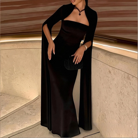 Elegante Vestido de Noche de Sirena con Mangas de Capa Ajuste Delgado Vestido de Banquete Formal para Mujer Color Sólido Largo hasta el Suelo