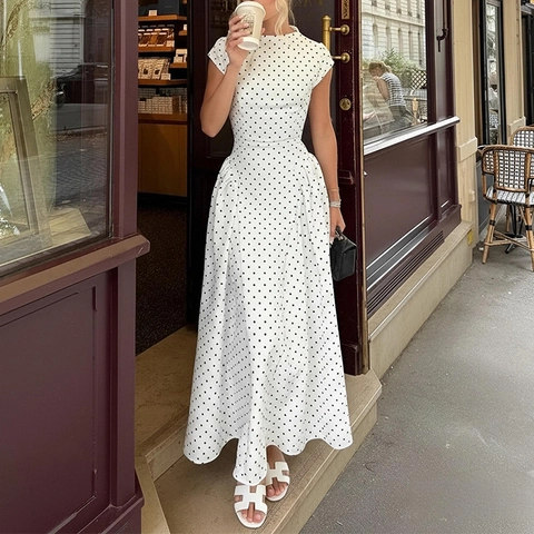 Women French Vintage Polka Dot Maxi Dress Round Neck Slim High Waist Large Swing A-Line Short Sleeve Elegant Long Dress White
