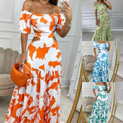 Women Off-Shoulder Cut-Out Floral Tiered Maxi Dress Elegant Polyester Ruffle Puff Sleeve Summer Vacation Elegant Long Dress