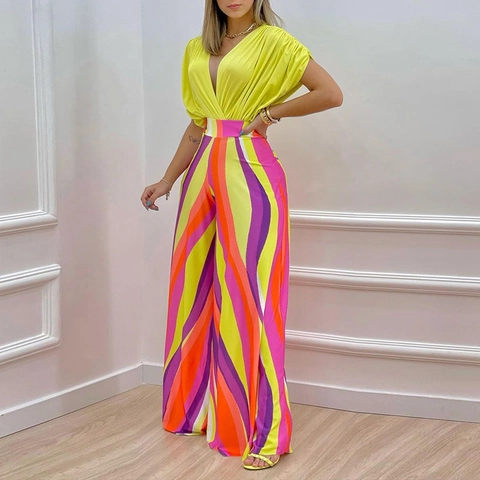 Damen Elegant Fledermaus Kurzarm Top Und Hohe Taille Botanisch Blumige Weite Hose Mode Pendler Outfit