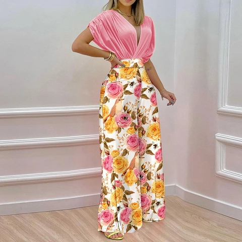 Damen Elegant Fledermaus Kurzarm Top Und Hohe Taille Botanisch Blumige Weite Hose Mode Pendler Outfit