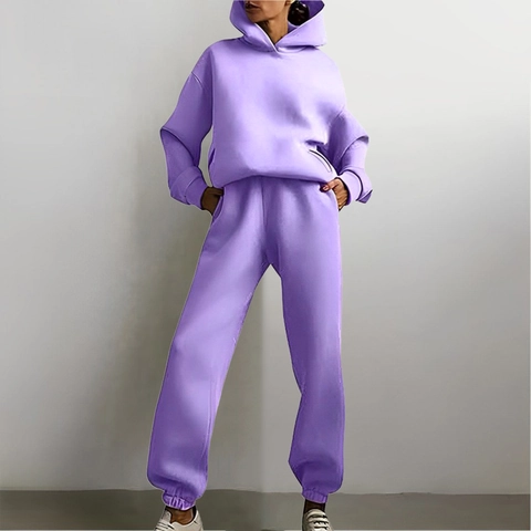 Women Casual Solid Color Sporty Hoodie Pants Set Long Sleeve Oversized Sweatshirt Jogger Suit Two Piece Tracksuit