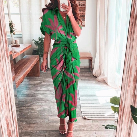 Women Elegant Printed Shirt Dress Sexy V Neck Tie Waist Maxi Dress Button Front Short Sleeve Vacation Beach Party Dress