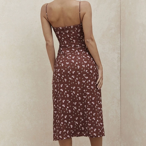 Women's Floral Print Cami Midi Dress Sexy High Slit Ruched V-Neck Backless Summer Beach Vacation Party Elegant Sun Dress