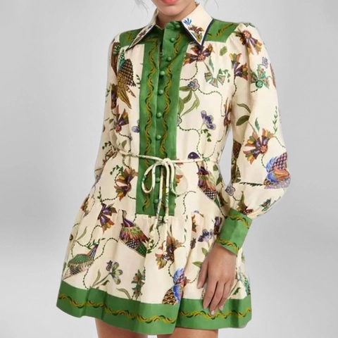 Abito da Donna Vintage Stampa Floreale Manica Lunga Linea A Midi Elegante Colletto Revers Cintura Annodata Casual Vacanza Abito a Camicia